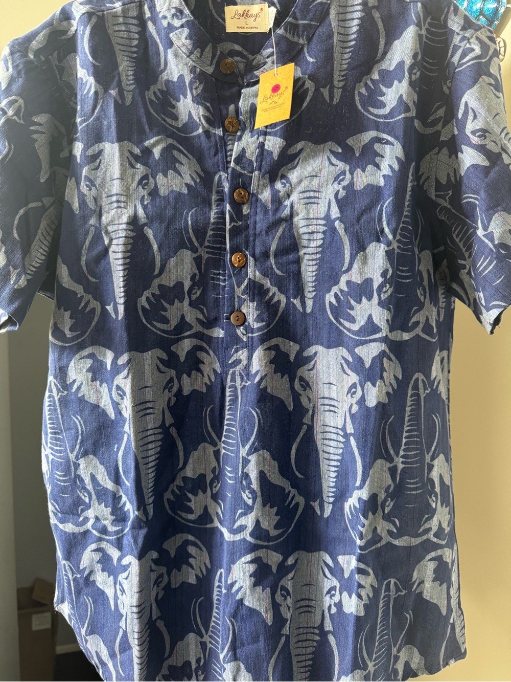 Lakhani Men’s Navy Elephant Print Short Sleeve Button-Down Shirt